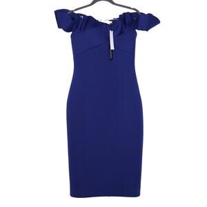 BADGLEY MISCHKA Ruffled Off-Shoulder Sheath Dress Navy Stretch Scuba Women's 4